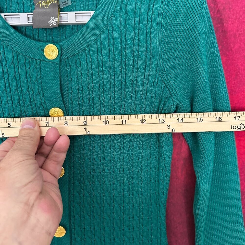 TAYLOR WOMEN'S SIZE S-SMALL GREEN CABLE-KNIT SWEATER DRESS GOLD BUTTON STRETCH - Picture 8 of 12